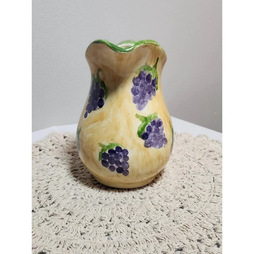 Hand Painted Ceramic Grape Pitcher Yellow Purple Artisan Signed 2020 Cottagecore